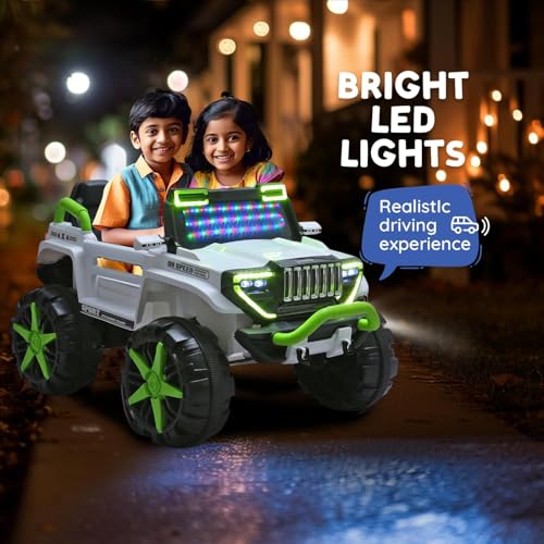 Image of Driving EV Cars for 1, 2, 3, 4, 5, 6 Years | Remote + Steering + Mobile App Control | Kids Jeeps (Thar Jumbo Size Jeep [1-8 Year Kids], White /Green)