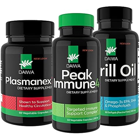 Daiwa Peak Immune 4 - Natural Immune System Booster + Daiwa Plasmanex 1 – Blood Circulation Supplement + Daiwa Krill Oil – Omega 3 Krill Oil Capsules Cover