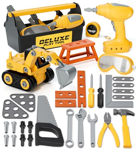 Lehoo Castle Kids Tool Set, Construction Toys Tool Box with Electric Drill & Take Apart Excavator, Pretend Play Kids Toddler Toys for Boys Girls Age 3 4 5 6 Years Old