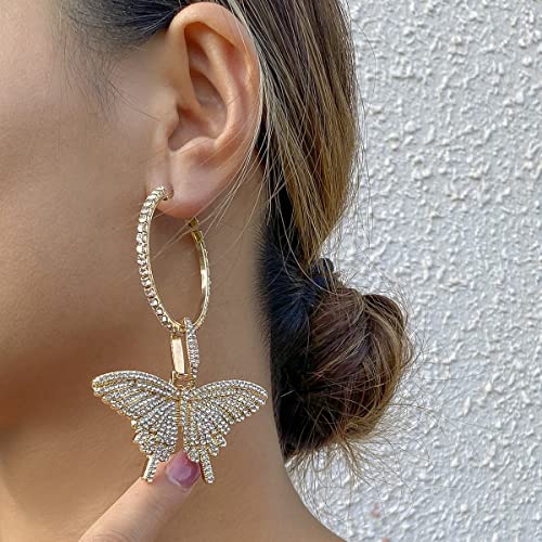 Wiwpar Large Butterfly Hoop Dangle Earrings Sparkly Rhinestone Butterfly Earrings Fashion Round Circle Open Hoop Dangle Earrings For Women Girls (Gold) #TOP1