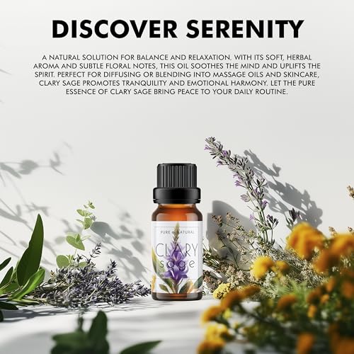 Image of Esslux Clary Sage Essential Oil for Diffuser | 100% Natural Clary Sage Oil for Skin and Hair | Perfect for Aromatherapy, Soap Making, and DIY Projects, 60 ML