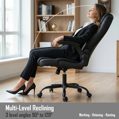 Image of DROGO Aurum Ergonomic Office Chair for Work from Home | Computer Chair for Study | PU Leather Executive Boss Chair with Flip-Up Armrest, Wide Cushion Seat (Black)