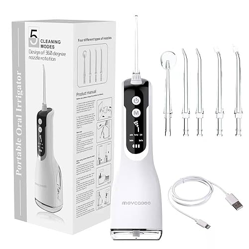 Meycacoo Hilo dental inalámbrico y recargable pantalla OLED limpiador de dientes con 5 modos 5 puntas de chorro IPX7 impermeable para viajes en casa