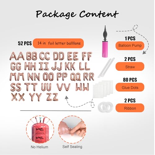 Image of 52 pcs Rose Gold Foil Letter Balloons with Air Pump, 16 Inch 2 A-Z Sets - Mylar Alphabet Balloon Kit for Birthday Banner & Party Decorations