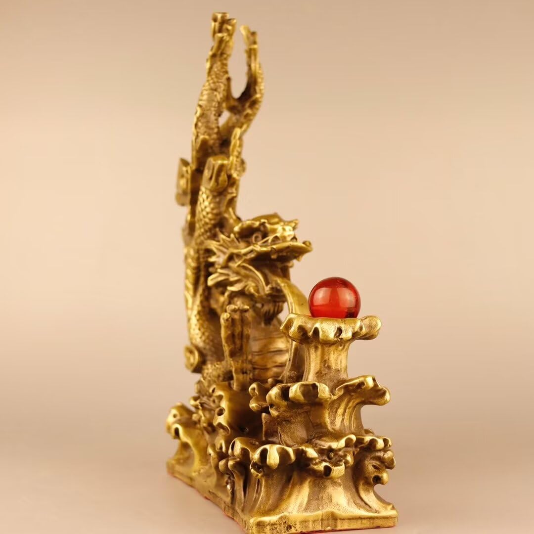 Chińska mosiężna rzeźba z drewna czysta miedź Feng Shui smok statua dom biuro biurko przynosząca szczęście dekoracja 6,7 x 2 x 7,9 cala 1,1 kg
