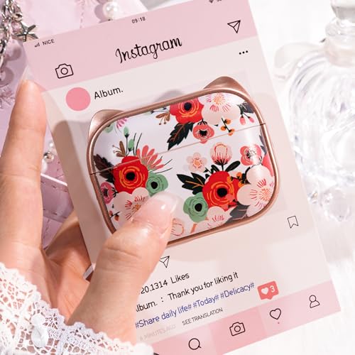 Image of for AirPods Pro 2 Case with Cleaning Kit, Cute Cat Ear Print Design & Cute Buckle for Girls, Phone Holder & Top Safe Lock Buckle Design for AirPods Pro 2nd /1st Gen case, Rose Gold Flower