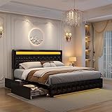 Queen Led Bed Frame with 4 Storage Drawers, with Smart Control RGBW LED Lights Headboard Footboard, Control DIY Color, Box Spring Optional, PU Leather Black