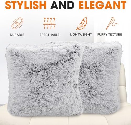 Cheer Collection Set of 2 Shaggy Long Hair Throw Pillows - Super Soft Faux Fur Pillows for Sofa & Bed - Machine Washable - 18" x 18" - Gray
