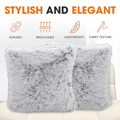 Cheer Collection Throw Pillows for Couch and Bed, Soft Shaggy Throw Pillows with Inserts Included, Cozy Long Hair Faux Fur Pillows - Set of 2-20\" x 20\" - Gray