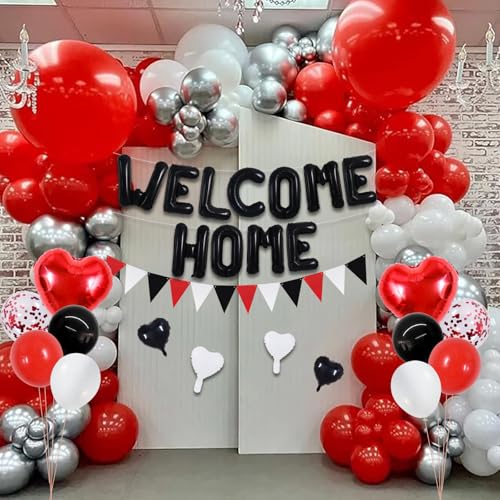 Image of TONIFUL 16 inch Black Red Welcome Home Balloons Banner Housewarming Party Decor