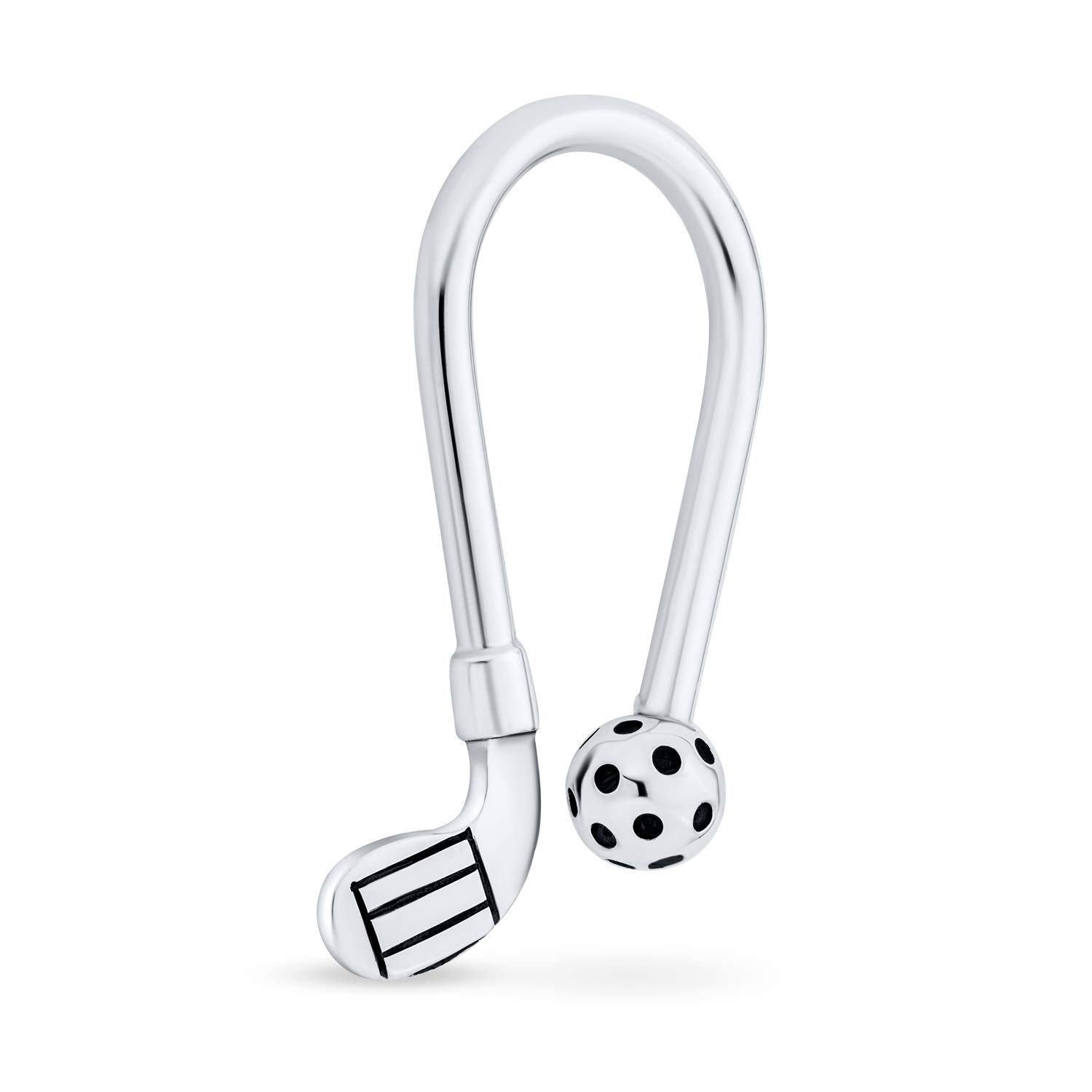 Bling Jewelry Llavero de golf para hombres y mujeres con pelota de golf, palo en forma de U, punta de tornillo de bola, plata de ley oxidada.