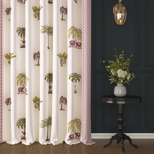 Image of Story@Home Cotton Curtain | Curtains 8 Feet Long Set of 2 | Traditional Printed | Bohemian Curtain | Room Darkening | Semi Long Door Curtains for Living Room | (116 X 242 Cm, White & Maroon /Mustard)