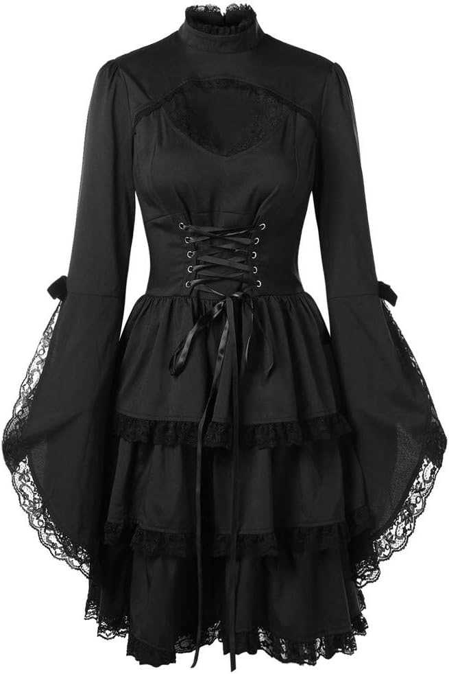 Venfamo DressesWomen's Dresses, Venfamo Flare Sleeve Lace Patchwork Gothic Lolita Little Black Dress