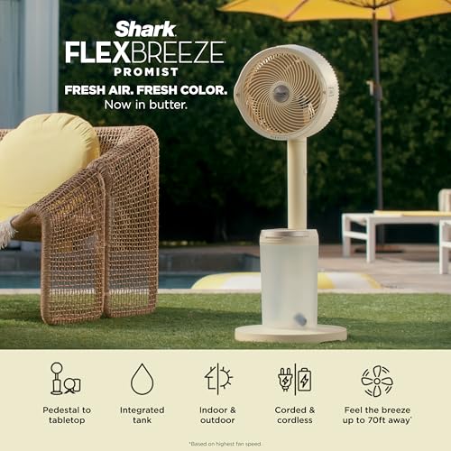Image of Shark FlexBreeze Pro Mist 2-in-1 Fan with Integrated Mist, Yellow, FA300YL | Corded /Cordless, Pedestal to Tabletop, up to 24-Hr Battery, up to 70 Ft of Power, 5 Speeds, with Integrated Misting Tank