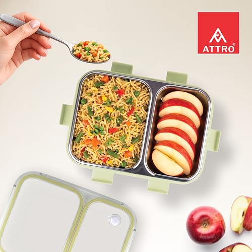 Image of ATTRO Duo Meal Stainless Steel Lunch Box with 2 Partition, Microwave Safe, Airtight Leakproof Silicone Seal Lid, BPA-Free Food Grade Tiffin Box for Office School Kids - 650ml - Green