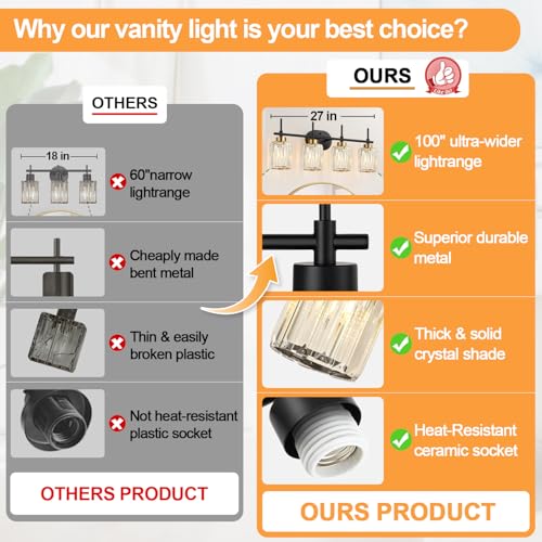 Image of Matte Black 4-Light Crystal Bathroom Vanity Light, Modern Bathroom Light Fixture Over Mirror, Black Vanity Lighting for Bathroom, Bulbs Not Included