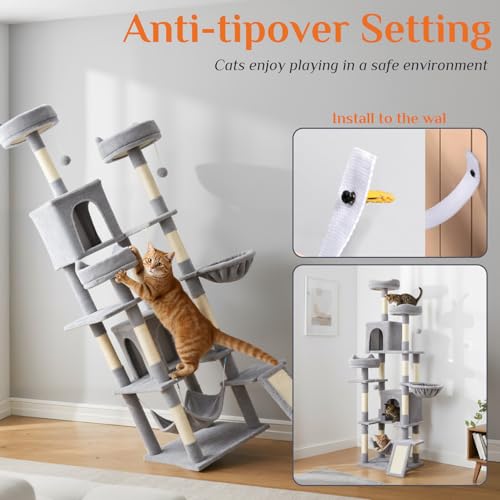 Image of Sweetcrispy Cat Tree 75 Inch, Large Multi-Level Tall Cat Tree Tower with Condo, Perches, Sisal Scratching Posts Board and Hammock, Pet Play House with Dangling Balls for Indoor Cats, Light Grey