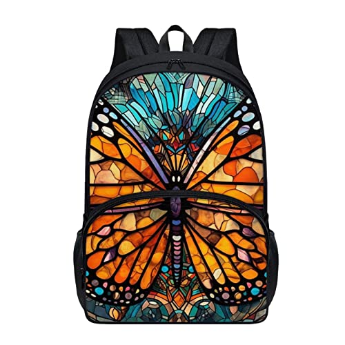 Rivatimrio Stained Glass Butterflies Backpacks Outdoor Travel Lightweight Cute Monarch Butterfly Bookbag Girls Boys Teenagers Laptop Compartments School Bag Orange Blue