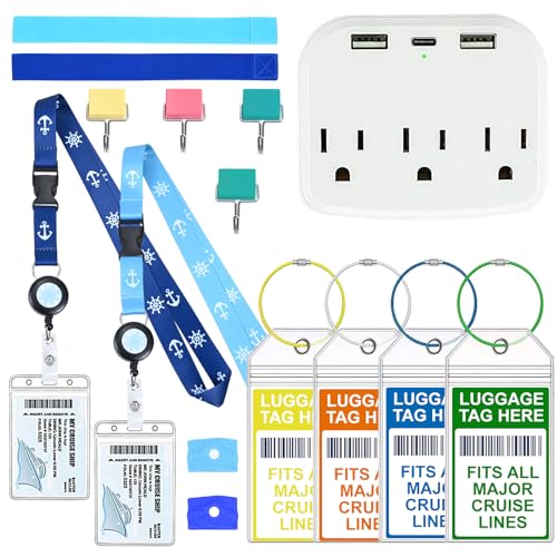 15 Pcs Cruise Essentials Accessories Kit Must Haves Set Include Non-Surge Power Strip, Retractable Cruise Lanyards for Ship Card, Luggage Tags Holder, Towel Bands, Anti Nausea Wristband, Magnetic Hook
