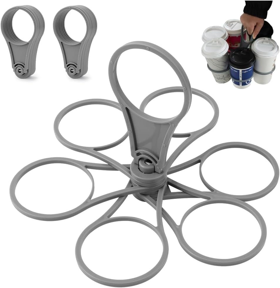 2 Pack Drinks Carrier Foldable 6-Cup Holder Portable Drinks Holder Tray with Handle Holiday Plastic Drink Carriers for Coffee Cups & Beverages (Gray)