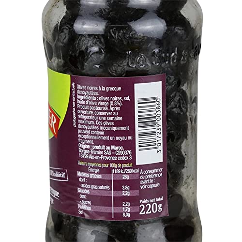 TRAMIER Olives Noires Grecque Dénoyautées - 220g de saveurs intenses pour vos apéritifs et recettes. - Lot De 4 - Vendu Par Lot