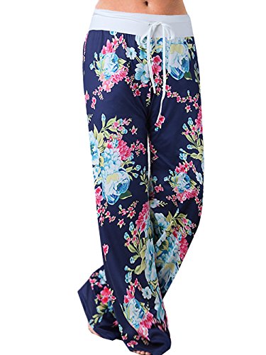 Image of iChunhua Women's Comfy Stretch Floral Print Drawstring Palazzo Wide Leg Lounge Pant