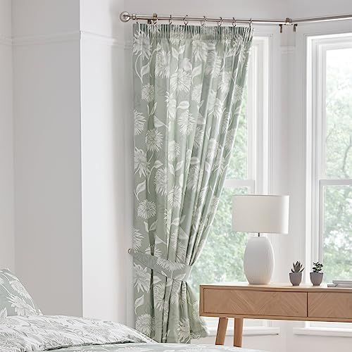 Dreams & Drapes - Green Chrysanthemum Pleated Curtains W66 x L72 (168 x 183cm) - 2X Panels & Tie Backs - Vintage Floral Drapes - Botanical Pencil Pleat in Sage Green