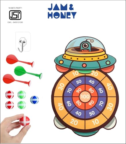 Image of Amazon Brand - Jam & Honey Dart Game for Kids Indoor & Outdoor Sports Game Target Toy Sets - Fabric Dart Board with 5 Sticky Velcro Balls and 3 Darts and 1 Hanger - Children's Toys Gifts (Spaceship)