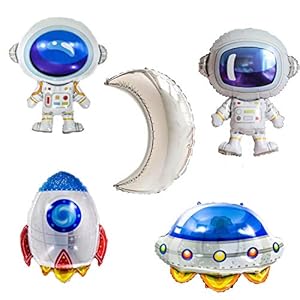 5PCS UFO Space Themed Foil Balloons Party Supplies Decorations -Astronaut Rocket Spaceman Airship Moon Baby Shower Birthday Party Favors