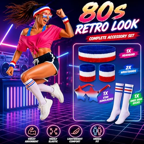 Foxzone Sweatbands, Headband, Wristbands, Knee High Striped Socks & Star Sunglasses, Retro 80s Costume Accessories for Party, Halloween, Gym, Sports Events & 4th of July for Women Men - image 5