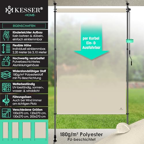 KESSER® Klemmmarkise Senkrechtmarkise 100x310cm Ausziehbar & Blickdicht Vertikalmarkise mit Handkurbel ohne Bohren Balkon-Sichtschutz & Windschutz für Garten & Terrasse Wasserfest Beige