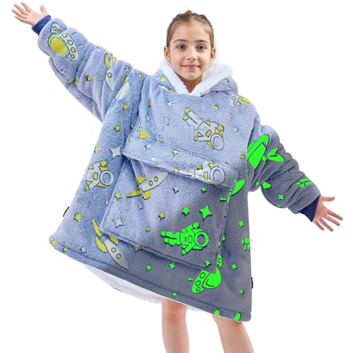 yescool Wearable Blanket Hoodie Kids Glow in the Dark, Oversized Blanket Sweatshirt with Sherpa Teen Girl Gifts for Kids,Boys, Girls, 8-15 Year Old Girl Gift Warm Wearable Blanket, One Size, Astronaut