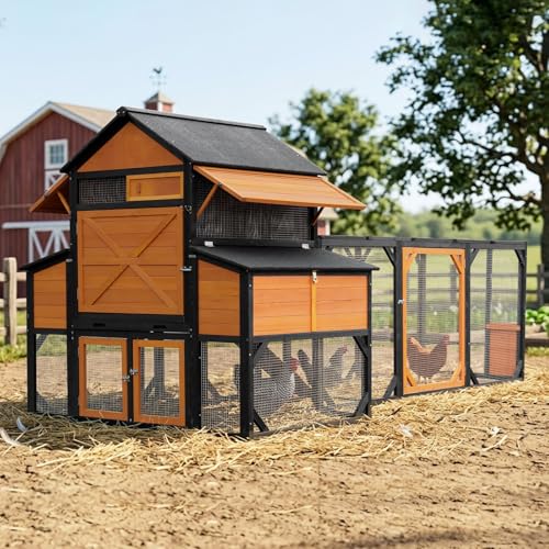 135.7" Extra Large Chicken Coop with Run for 10-15 Chickens, Outdoor Poultry Cage Wooden Hen House with 6 Nesting Boxes & Perches, PVC Pads for Easy Cleaning, Better Ventilation with Large Windows