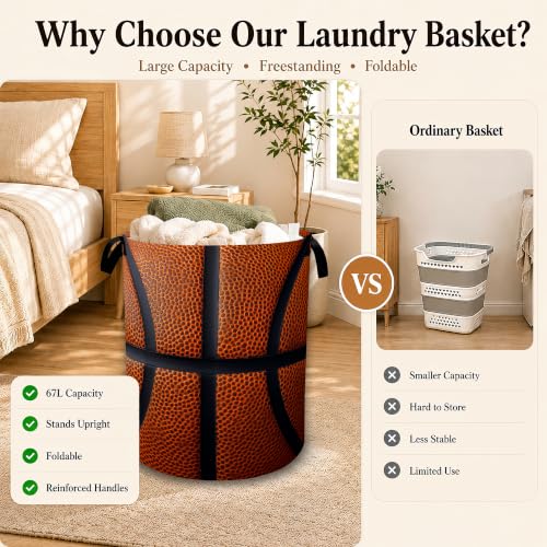 Image of Basketball Texture Laundry Basket with Handles, Foldable Tall Oxford Clothes Hamper, Lightweight Water-Resistant Storage Bin for Bedroom Bathroom College Dorm, 16 x 20.8 Inch