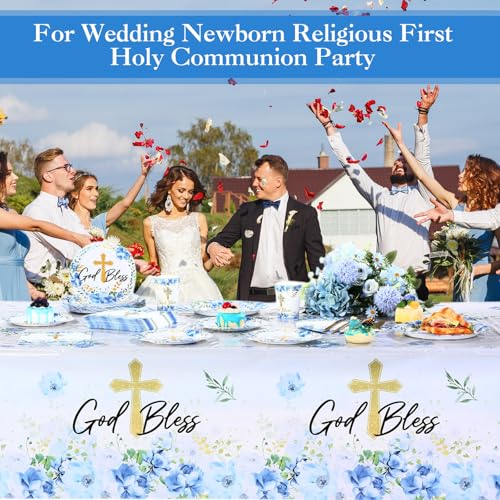 Image of Ganeen 3 Pcs Baptism Tablecloth First Holy Communion Tablecloth Blue Boy God Bless Disposable Plastic Waterproof Cross Table Covers for Christening Baby Shower Religious Decor, 54 x 108 Inch