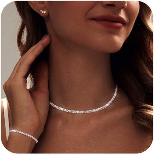 Tennis necklace bracelet choker earrings set for wedding bride