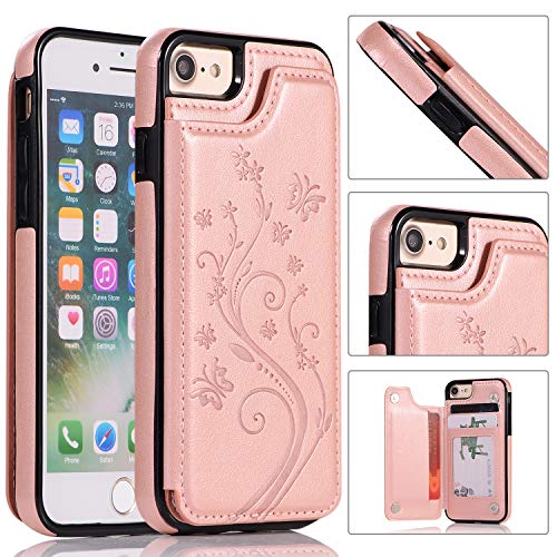 QFUN Back Wallet Case for iphone 7/8 with Stand, Elegant Embossed Design [Butterfly Flower] Lightweight Slim Fit Leather Phone Case with Card Holder Protective Bumper Flip Cover - Rose Gold
