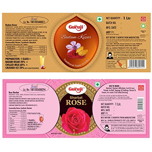 Image of Shree Guruji Badam Kesar 1litr+Rose1litr Dry Fruit Sherbet Instant Refreshing Drink for Summer Special (Combo Pack)