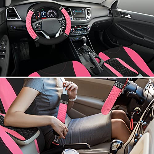 17 Pcs Bling Car Accessories Set For Women, Seat Covers Leather Steering Wheel Cover, Seat Belt Shoulder Pad Armrest Cup Holders Covers, Full Crystal Decor Automotive Interior (Pink And Black) #TOP3