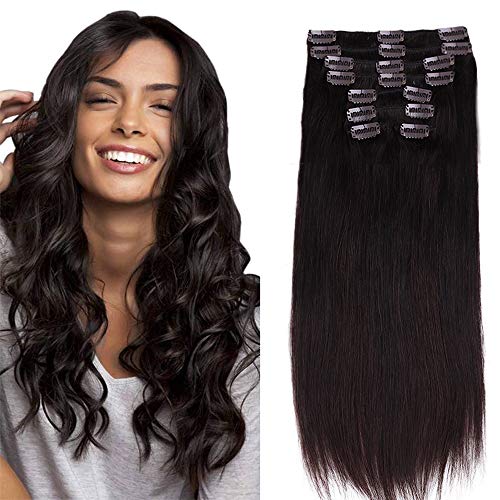 Clip In Hair Extensions Remy Hair For Women Silky Straight Human Hair Darkest Brown Clip In Hair Extensions Full Head 8pcs 18 Clips Double Weft