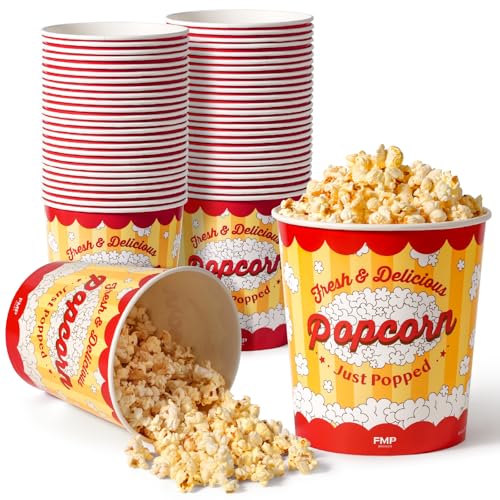 Image of Fit Meal Prep 150 Pack Large Popcorn Buckets Disposable, 130 Oz Yellow and Red Paper Popcorn Containers Tubs for Home and Theater Movie Night