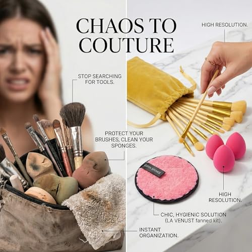Image of 17Pc Makeup Kit Set - Premium 13-Piece Makeup Brush Set with 3 Makeup sponges & 1 Color-Removal Sponge - Soft Synthetic Bristles, Rose Gold & Cream Design with Velvet Travel Pouch - Complete Professional Beauty Tools (Clean sponge and makeup puffs , color may vary or multicolour) (Yellow)