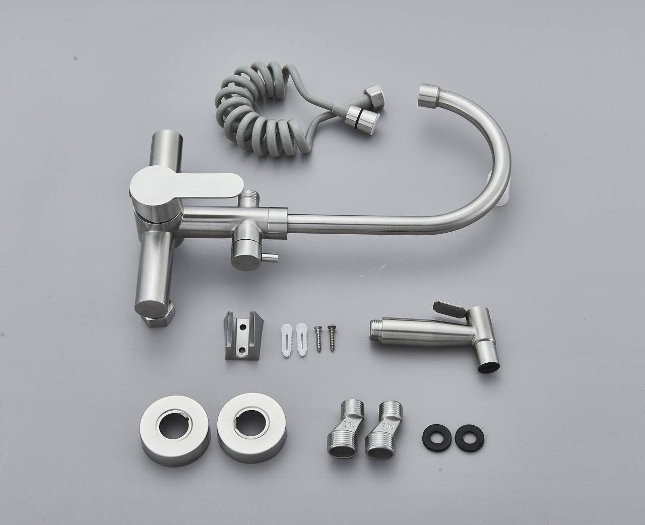 Grifo de cocina montado en la pared, grifo de pared para cocina con pistola pulverizadora, giratorio 360°, montaje en pared, acero inoxidable cepillado
