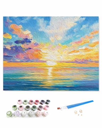 VamJump 数字油絵 手塗り 海 油絵 日の出 シンプルなスタイル 抽象芸術 反射 水 DIY絵 初心者 時間をつぶす 壁飾り アートクラフト 絵画手芸キッ 絵の具をつける 塗りつぶし掛け 30x40cm