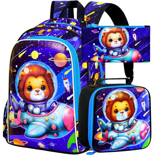 KLFVB 3 peças, mochila infantil leão de 40,6 cm e lancheira, mochila pré-escolar resistente à água para estudantes do ensino fundamental, Impressão UV atualizada Blue Space Lion, One Size, Impressão