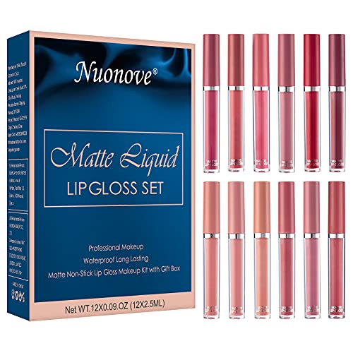 Matte Lipstick Lip Kit Smooth Lip Stick Liquid Lipstick Lip Gloss Kit Long Lasting Waterproof Velvet Lip Gloss Set, Hydrated Lips, Fuller-looking Lips, 6Pcs Nude color + 6Pcs bright color.