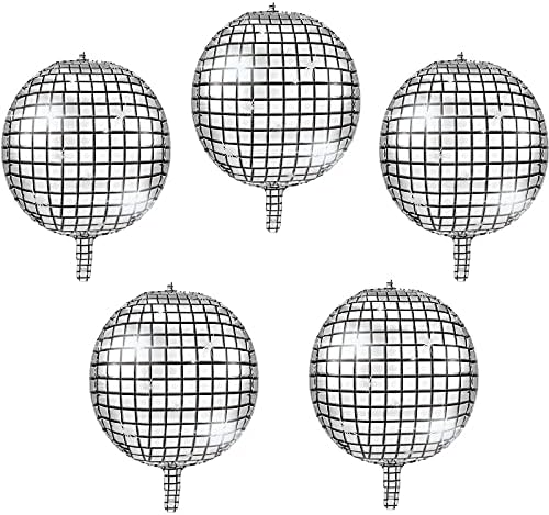 5 Pieces 22 Inches 4D Disco Ball Balloons Large Laser Foil Balloon Metallic Mirror Balloon for Disco Dance Party Birthday Party Wedding Ceremony (Basic Style)