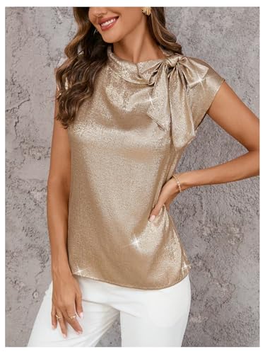 SOLY HUX Women's Metallic Tops Bow Tie Mock Neck Cap Sleeve Elegant Blouse3