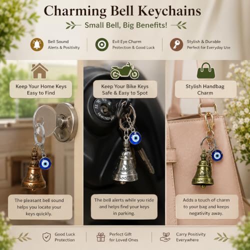Image of Guardian Bell Keychain Pack of 3 for Bike & Car with Evil Eye Charm (Bells (Any 3))