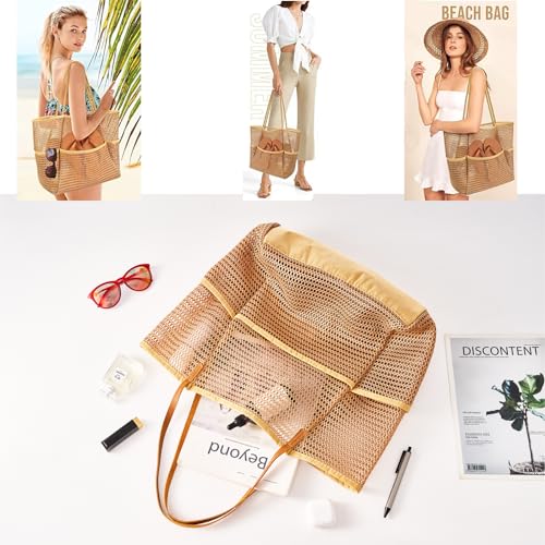 EURYNOME Mesh Beach Bag w/Genuine Leather Handle Strap，Zipper Pocket Beach Tote Bags for Women Large Mesh Swimming Pool Bags4